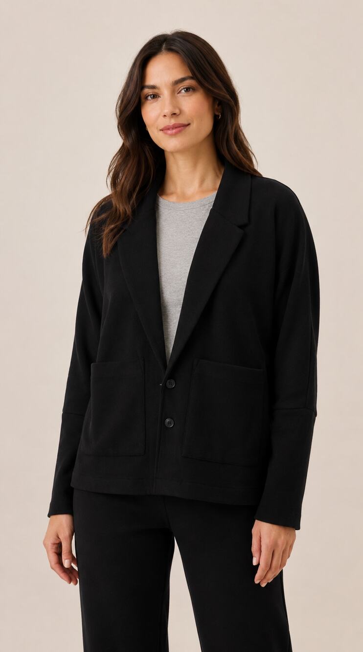 Pact Womens Organic Cotton Knit Airplane Relaxed Blazer Black Size Medium New